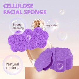 Facial Sponges Cute Flower Shape Compressed Facial Sponges Natural Facial Cleansing Sponges Pads Exfoliating Sponges for Cleansing Reusable,Best Makeup Gift, 50-Count, Purple