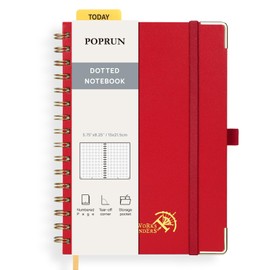 POPRUN Spiral Dotted Journal Notebook [A5-5.75'' x 8.25''] - 120 GSM Thick Paper, 141 Numbered Pages, Hardcover for Men & Women with Pocket, Index Tabs, 8 Perforated Sheets, Red