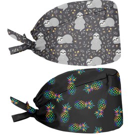 Babrukda 2 Pack Cap with Sweatband Adjustable Tie Back Hat Headgear Beanie Fun, Sloth Tropical Pineapple, One Size