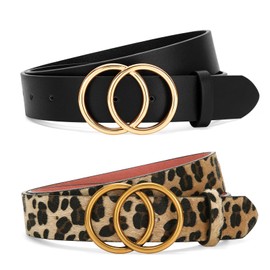 SANSTHS 2 Pack Women Leather Belts Faux Leather Jeans Belt with Double O-Ring Buckle (Black & Leopard, M)
