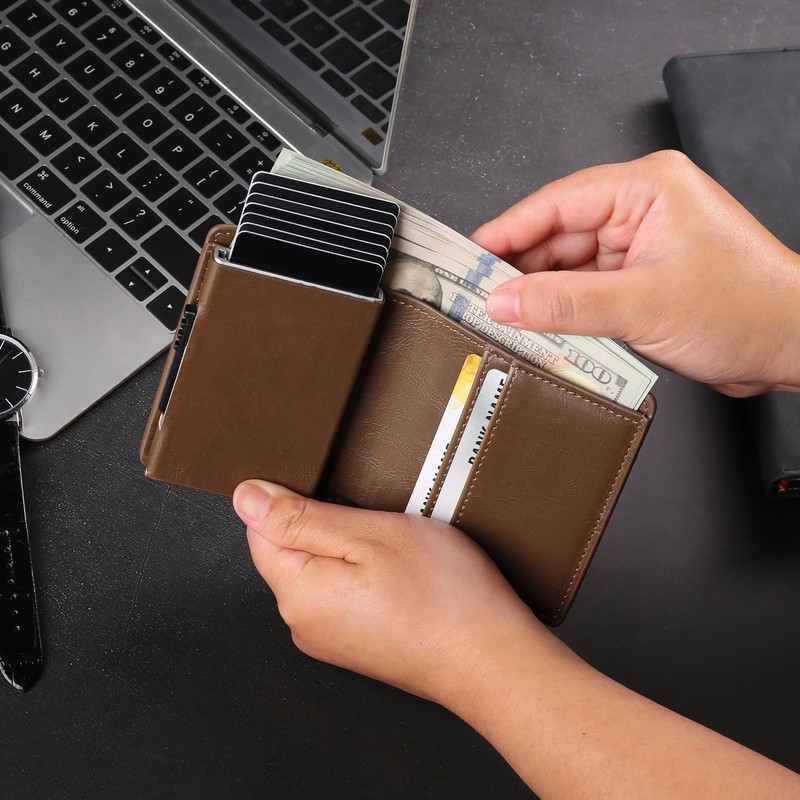 GOIACII Minimalist RFID Blocking Pop Up Card Wallet, Brown, Unisex,