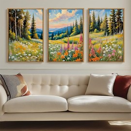 Anyzal Colorful Wildflower Nature Wall Art Framed Mountain Forest Field Wall Decror 16x24 Inch Set of 3 for Living Room Bedroom