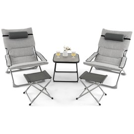 Tangkula 5 Piece Patio Sling Chair Set, Folding Beach Lawn Chairs with Ottoman & Coffee Table, Removable Seat Cushion & Headrest, Portable Outdoor Reclining Lounge Chair Set for Balcony, Garden (Grey)