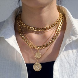 Layered Gold Necklaces for Women Chunky Gold Pirate Necklace Punk 80s 90s Necklace Paperclip Link Chain Choker Necklaces Necklace Dainty Cuban Stacking Coin Pendant Necklace Gold Pirate Jewelry (Layered, Gold)