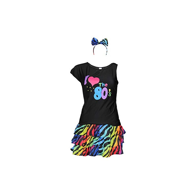 80s Women's Costume - Colourful Tutu Headband and Black Neon