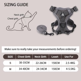 Cat Harness and Leash for Walking,Escape Proof Soft Adjustable Vest Harnesses for Cats,Comfort Fit and Adjustable Vest with Reflective Strip Design (Gray, M)