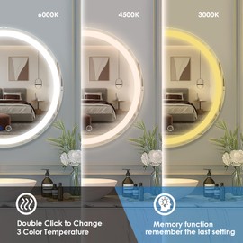 Beelux 24" Round LED Bathroom Mirror with Lights,Lighted Bathroom Vanity Mirror for Wall Anti-Fog, Dimmable, Backlit Memory Function, Waterproof, Tempered Glass,3 Colors Adjustable