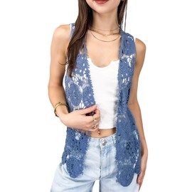 Anna-Kaci Lace Front Open Sleeveless Top Cardigan Crochet Vest Cover up Summer Beachwear,Blue, X-Large