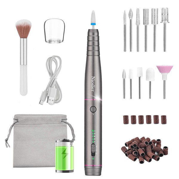 Electric Nail Drill Machine with 5 Speeds, Professional Cordless Portable Electric Nail File Kit for Acrylic Gel Nails, Manicure and Pedicure Kit for Grinding Polishing Trimming (Grey)