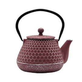 20.3oz Small Cast Iron Teapot, SECHUDO Cast Iron Tea Kettle for Stovetop Safe Coated with Enameled Interior, Cast Iron Tea Pot with Stainless Steel Infuser for Loose Tea (Pink Honeycomb Pattern)