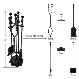 Amagabeli 5 Pcs Fireplace Tools Sets Black Handle Wrought Iron Large Fire Tool Set and Holder Outdoor Fireset Fire Pit Stand Indoor Rustic Tongs Shovel Antique Brush Chimney Poker Wood Accessories Kit