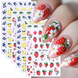 6 Sheets Fruit Nail Stickers for Nail Art 3D Self-Adhesive Summer Nail Art Stickers Blueberry Lemon Strawberry Nail Decals Fruit Nail Design for Women DIY Summer Nails Decoration