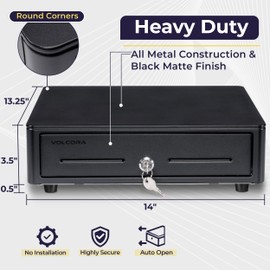 Volcora Cash Register Drawer for (POS) Point of Sale System with Round Corner 13", Removable Coin Tray, 4 Bill/5 Coin, 24V, RJ11/RJ12 Key-Lock, Media Slot,Cash Till for Businesses, Black