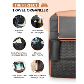 Owleys Back of Seat Organizer for Kids | Car Storage Caddy – 8 Pockets + Transparent Tablet Holder | Waterproof Eco-Leather | 27.5' x 18.5' | Brown+Black