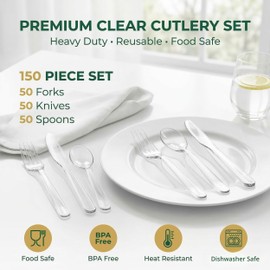 150 Pack Heavy Duty Clear Reusable Cutlery Set – 50 Forks 50 Knives 50 Spoons – Reusable Party Cutlery for Weddings, BBQs, Buffets, Picnics & Camping – Dishwasher Safe