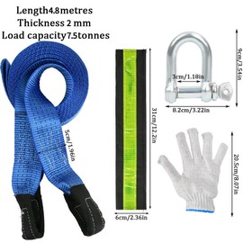 BUYGOO Tow Rope Accessory Set 8 Tonnes, 4.8 cm x 5 m Tow Rope Car with Fluorescent Strips, Emergency Tow Strap with 2 Thick U-Shaped & Non-Slip Gloves & Storage Bag, for Car Truck
