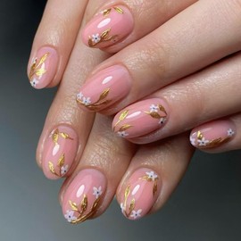 Fall Press on Nails Short Oval Fake Nails with Flower Leaves Designs Nude Nails Press ons Glossy Glue on Nails Cute Acrylic Nails Winter False Nails Summer Stick on Nails for Women 24Pcs