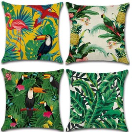 Fullfun Green Cushion Covers Leaf, Tropical linen pillow covers with flamingo, Pack of 4 square jungle throw pillowcase, For sofa, couch, bedroom & outdoor cushions 60 cm x 60 cm (24 x 24 inch)