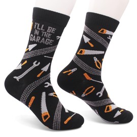 FUQWZ I'll Be in The Garage Funny Dad Socks, Black Crew Socks for Men, Birthday Fathers Day Christmas Gifts for Dad Daddy New Dad Step Dad Father in Law, Funny Dad Gifts from Daughter Son. (066)