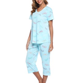 ENJOYNIGHT Womens Pajama Sets Cotton Pj Set Short Sleeve Top With Capri Pants Sleepwear 2 Piece Lounge Set(X-Large,Flyyying)