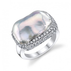 The Pearl Source Genuine White Freshwater Cultured Pearl & Cubic Zirconia Mabe Ring for Women