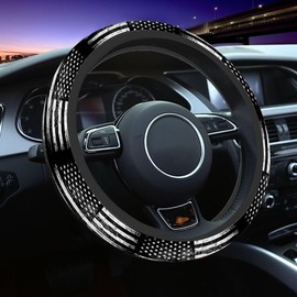 NOMEDOGYIm American Flag Steering Wheel Cover Old Black and White Dirty American Flag Steering Wheel Cover for Women Men Anti-Slip Breathable Steering Wheel Protector Car Accessories