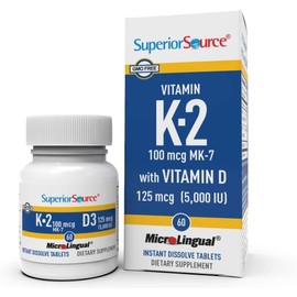 Superior Source K2 (MK-7) 100 mcg, with D3 (5,000 IU) Supplement, Quick Dissolve MicroLingual Tablets, 60 Count, Strengthen Bones, Cardiovascular & Immune System Support, Non-GMO