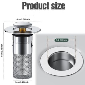 Yuaiosn Pack of 2 Stainless Steel Drain Filter, Sink Stopper for 34-40 mm Drain Drain, Universal Pop Up Drain Strainer Sink, Strainer Plug with Hair Strainer for Drain Plug on the Worktop