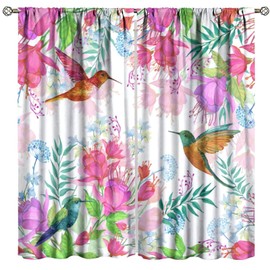 Cortinas florales de primavera de colibrí, acuarela, flores rosadas, mariposas, colibrí, diseño de naturaleza, cortinas de ventana para recámara, sala de estar, cocina, juego de 2 paneles, decoración