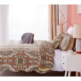 DaDa Bedding Earthy Cross Motif Folk Bedspread - Cozy Arabian Moroccan Ogee Rustic Antique Style Quilted Coverlet Set - Scalloped Edges Warm Tones Burnt Orange Brown Olive Green - Full - 3-Pieces