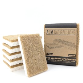 A&M Natural Living Eco Sponge Pack of 6, White Compostable Biodegradable Washing Up Sponge with Coconut Husk Scourer Pad
