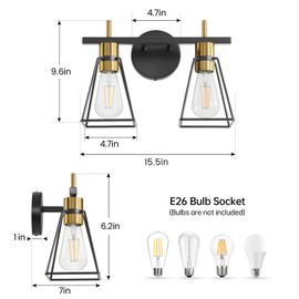 HAHZT Industrial Bathroom Vanity Lights: 2 Lights Black and Gold Vintage Metal Cage Wall Sconces - Rustic Farmhouse Lightning Fixture Over Mirrors Cabinet for Home Hallway