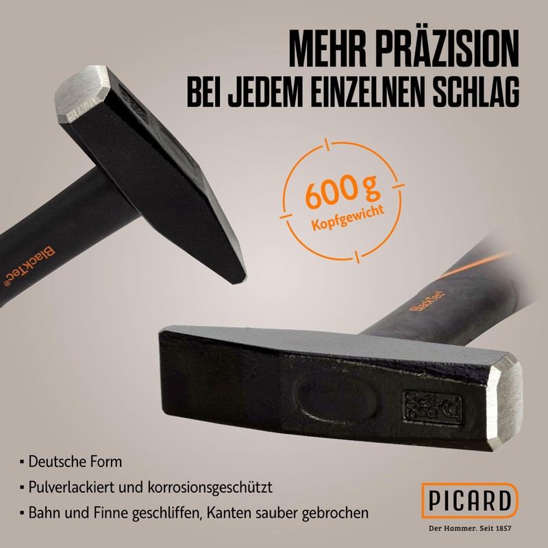 Picard 0032700-0600 Hand-/Rivetting Hammer 600g German Pattern of fibreglass, Black