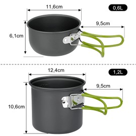 ERBO Camping Cookware Set, Aluminium Camping Pot, Outdoor Cookware with Foldable Cutlery, Camping Tableware for 2 People, Camping Tableware for Hiking, Fishing, Picnic (Green)