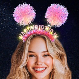 Aceorna Light Up Pink Headbands LED Happy Birthday Crown Hairbands Glowing Pom Pom Hair Accessories for Women