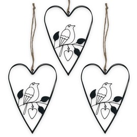 Set of 3 Wire Hanging Ornaments for Hanging, Black (Heart 12 x 18 cm, Black - Bird with Heart)