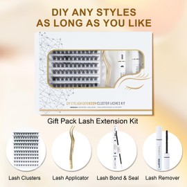 4-in-1 DIY Individual Eyelash Extension Kit, 110 Pieces 3D False Eyelash Clusters, D Curl Mix 8/10/12/14/16 mm, Bond and Seal Glue, Eyelash Makeup Remover, Eyelash Tweezers, White A4