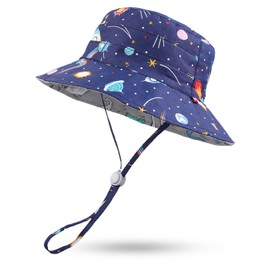 JANGANNSA Summer Baby Boys Hat Sun Protect Bucket Hat for Girls Wide Brim Cotton Beach Cap (Navy Rocket, 19.7"(1-2 Years))