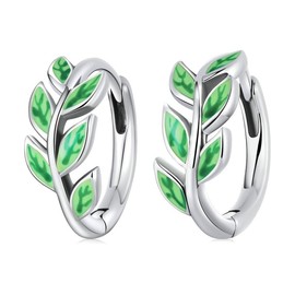 HolaJune Sterling Silver Leaf Huggie Hoop Earrings Green Leaf Hypoallergenic Lightweight Hoop Earrings Jewelry Gifts for Women