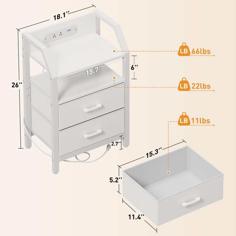 HLDIRECT Nightstand with Charging Station, USB Ports and AC Outlets,