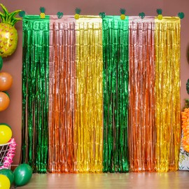LOLStar Hawaiian Luau Party Decorations, 4 Packs of 3.3x6.6 ft Green Brown and Yellow Foil Fringe Curtains Tinsel Photo Booth Props, Streamer Backdrop for Hawaiian Tropical Party Decorations