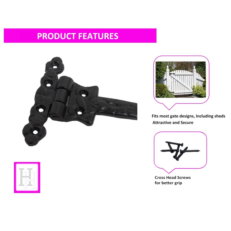 Black Cast Iron Spear Hinges Leaf Design Pair Of New