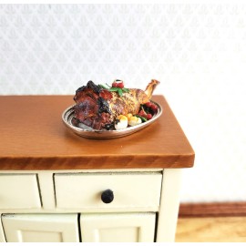 Falcon Miniatures Dollhouse Leg of Lamb Roast on Silver Tray 1:12 Scale Food Miniature Kitchen