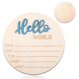 Wooden Baby Announcement Sign, 5.9 Inch Hello World Newborn Sign, Hospital Birth Stat Plaque, Hospitals, Homes, Nurseries, Suitable for Newborn Boys and Girls, Birth Souvenir (Blue)