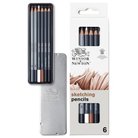 Winsor & Newton 490011 Drawing Pencils Set, 6 Pieces, 2 Pencils 4B, 8B, 4 Charcoal Drawing Pencils, Pierre Noire, Sepia, White Charcoal