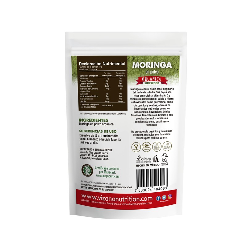 VIZANA NUTRITION | Moringa Orgánica Certificada en Polvo 100g