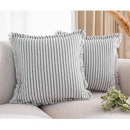 LIGICKY Set of 2 Fringe Cushion Covers with Tassels Black Striped Boho Farmhouse Throw Pillow Covers Soft Square Cushion Cases for Sofa Couch Bed Living Room Decor, 20 x 20 inch