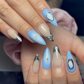SINHOT Almond Press on Nails Medium - Blue Ombre Fake Nails Glossy Glue on Nails 3D Silver Swirl Acrylic Stiletto Artificial Nail Art French Tip Stick on False Nails with Design DIY 24 pcs