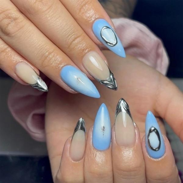 SINHOT Almond Press on Nails Medium - Blue Ombre Fake