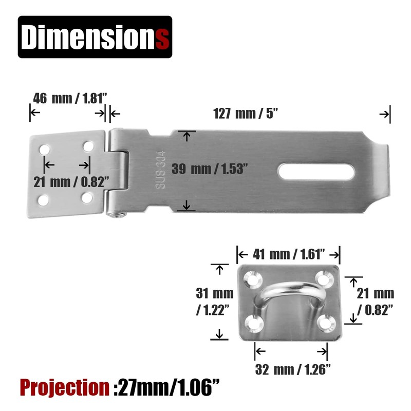 JQK Door Hasp Latch Lock, 5 Inch 304 Stainless Steel
